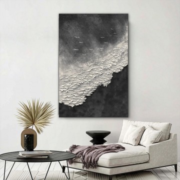 3D Negro Blanco Ola Wabi sabi por Palette Knife playa pájaros gaviota textura de la orilla del mar Pinturas al óleo